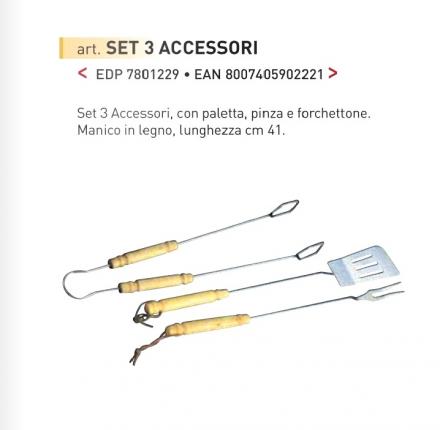 SET ACCESSORI PER BARBECUE PALETTE, PINZA E FORCHETTA